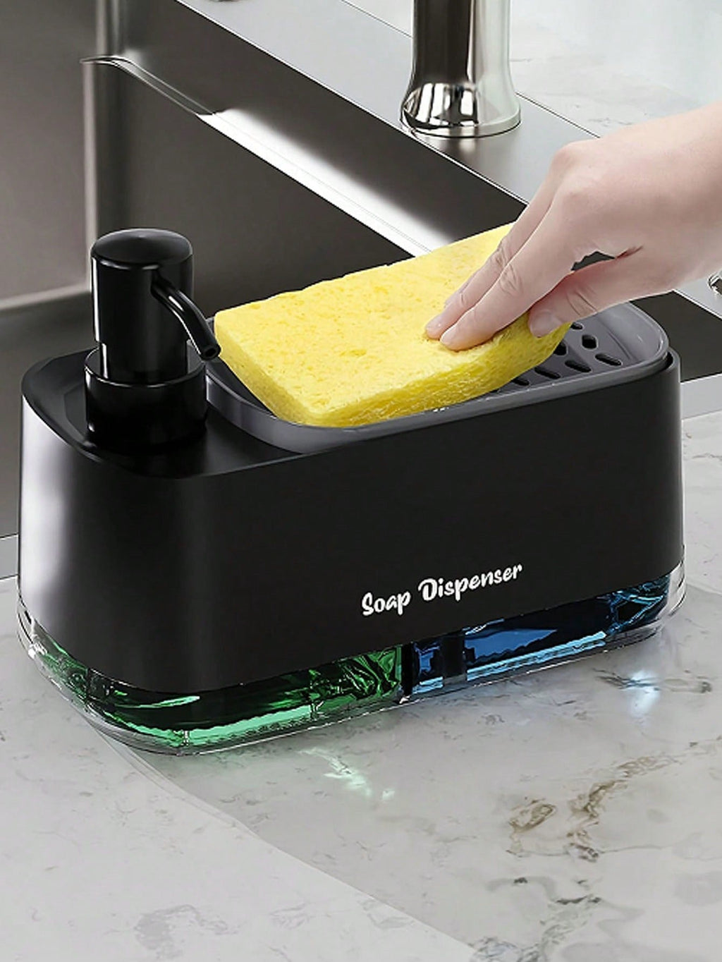 Kitchen Dishwashing Soap Dispenser with Dual Compartments & Sponge Tray