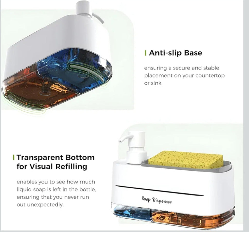 Kitchen Dishwashing Soap Dispenser with Dual Compartments & Sponge Tray